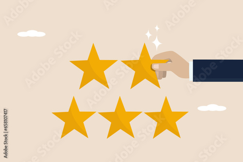 5 star award, product comment giving, best rating, good award, clients give five star feedback review. Businessman hand giving 5 star award.
