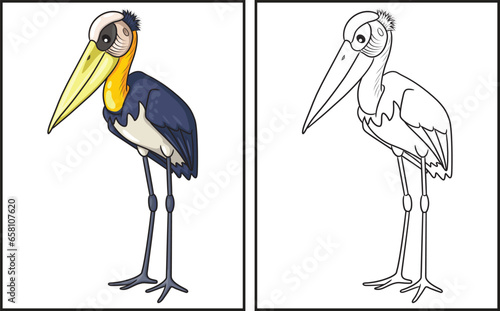 Coloring book cute bald stork. Coloring page and colorful clipart character. Vector cartoon illustration.