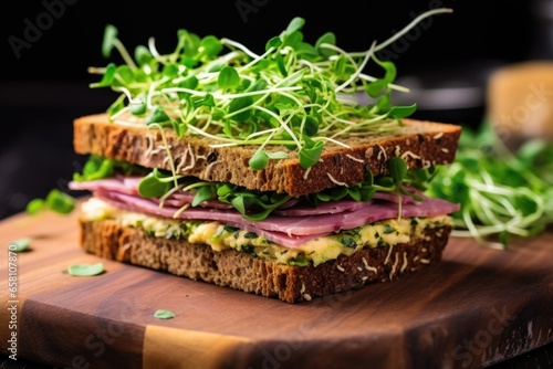 sandwich with microgreens and ham on rye bread photo