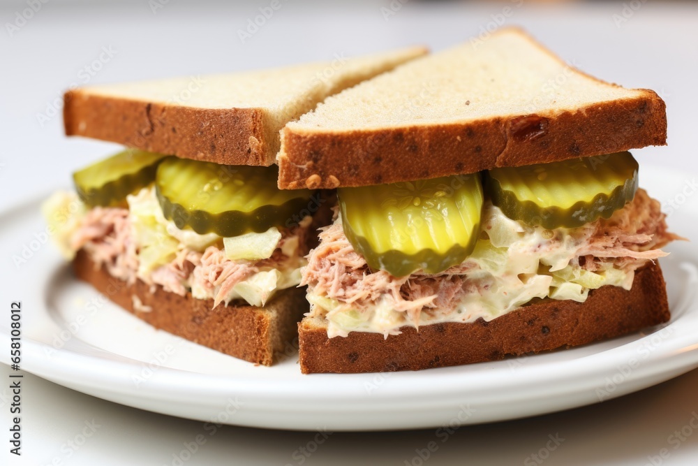 sandwich with pickles, tuna, and mayo on white plate sandwich with pickles, tuna, and mayo on white plate