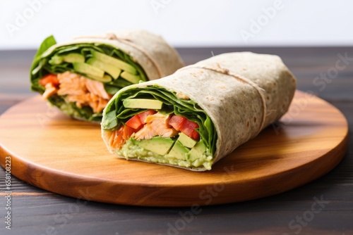a wrap with fresh salmon and avocado on a wood board