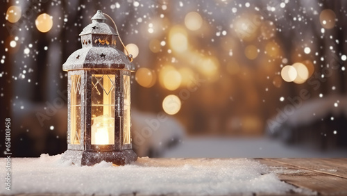 Christmas lantern on the table in the snow. © Andrii