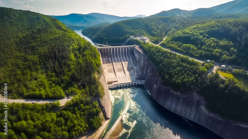 Hydroelectric dam on a river in the mountains, aerial view