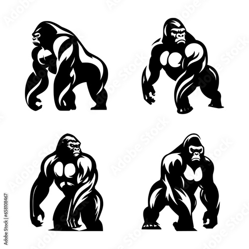 set of simple black and white gorilla illustrations