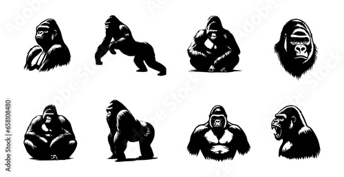set of gorilla silhouettes on isolated background