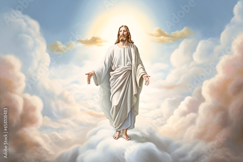 Jesus Christ soars in the clouds. Banner.