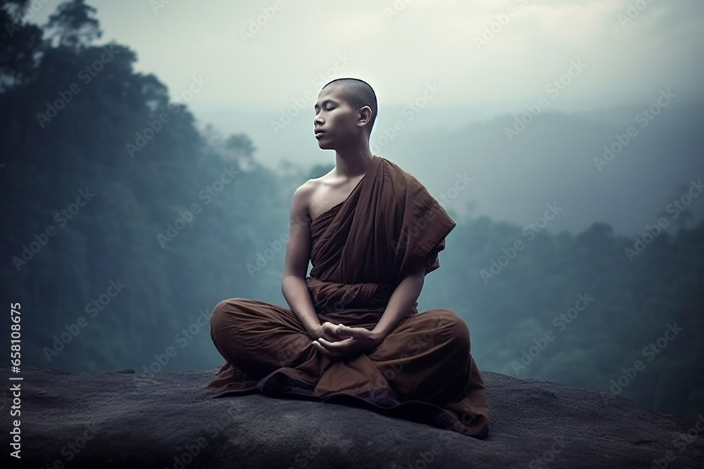 Monk meditates with his eyes closed.