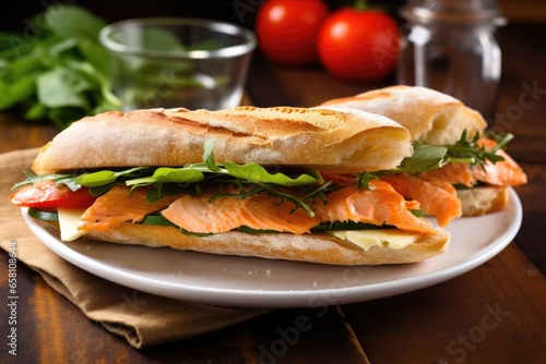 open style smoked salmon sandwich on baguette slices