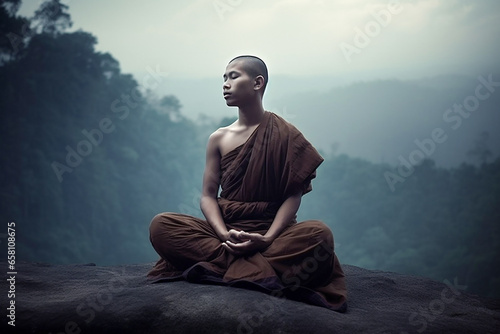 Monk meditates with his eyes closed. photo
