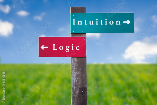 Tableau sur toile Street Sign the Direction Way to Intuition versus Logic.