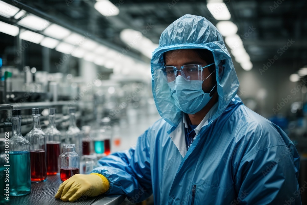 Closeup portrait of a male scientist in a protective suit, glasses, mask, gloves against the background of a medical or chemical laboratory Closeup portrait of a male scientist in a protective suit, glasses, mask, gloves against the background of a medical or chemical laboratory
