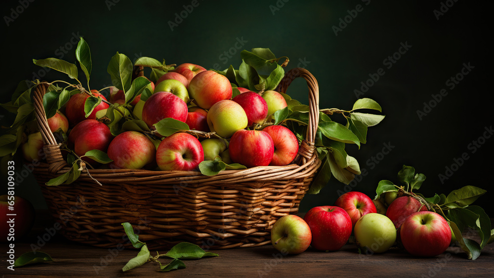 A basket filled with juicy apples on a black background. A basket filled with juicy apples on a black background.