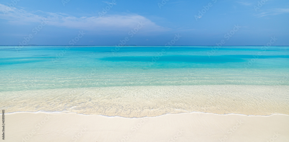 Closeup sea waves sand beach. Panoramic beach landscape. Inspire tropical island coast seascape horizon. Sunny summer popular destination background. Idyllic best travel vacation seaside beachfront
