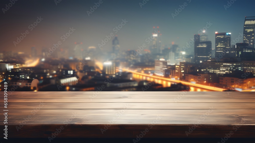 empty table top on blur cityscape background for product presentation
