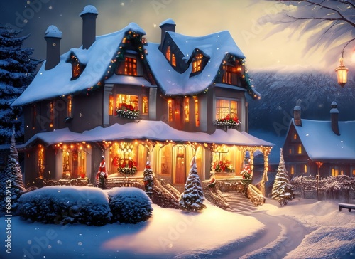 Wunderschönes Haus mit Weihnachtsbeleuchtung in einem kleinen romantischen verschneiten Dorf