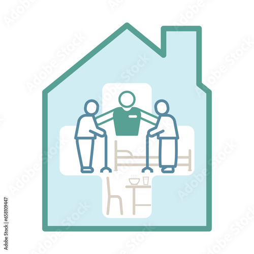 Caregiver look after elderly person inside home shape with cross symbol background. Elderly nursing home icon. Vector illustration outline flat design style.