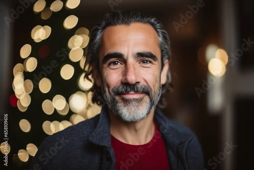 Handsome middle-aged man with beard and mustache in front of christmas lights