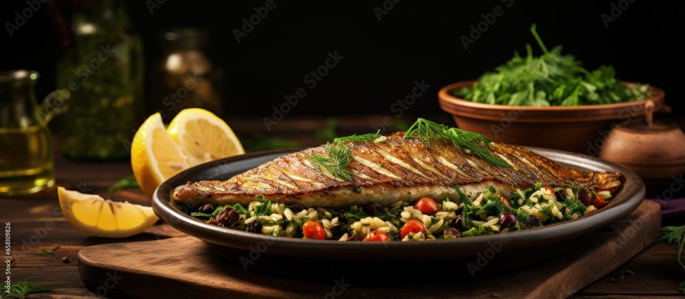 Italian dish Grilled sea bass fillet with vegetable tabouleh on a ceramic plate accompanied by olives olive oil and buckwheat bread - obrazy, fototapety, plakaty 