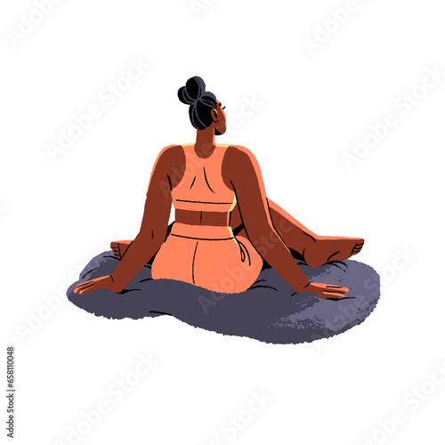 Woman sitting in yoga pose back view. Girl clears her mind, head. Person care about wellness, body. Meditation in retreat, spiritual practices. Flat isolated vector illustration on white background