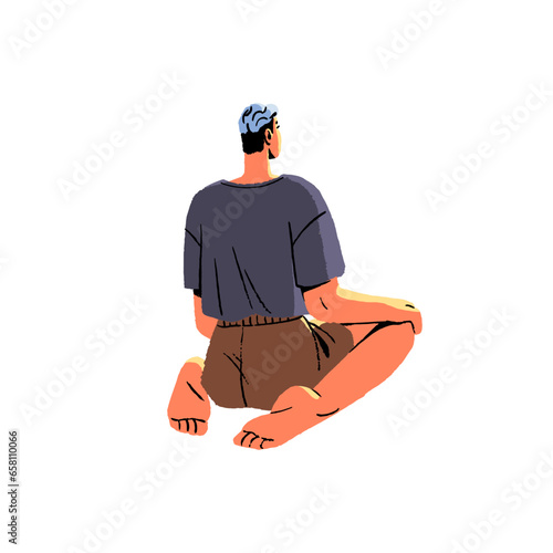 Woman sitting in yoga pose back view. Girl clears her mind, head. Person care about wellness, body. Meditation in retreat, spiritual practices. Flat isolated vector illustration on white background