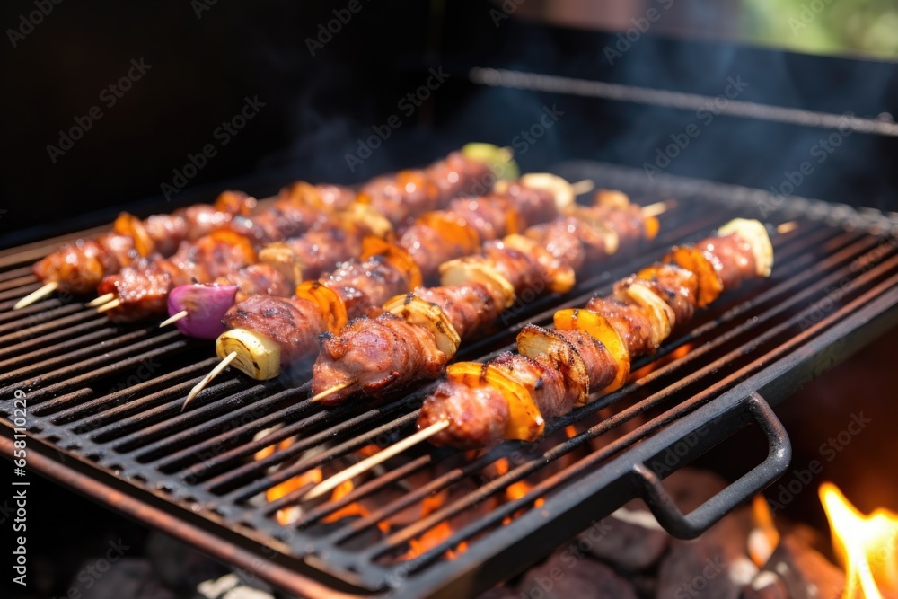 shrimp being turned and cooked on a smoky grill shrimp being turned and cooked on a smoky grill