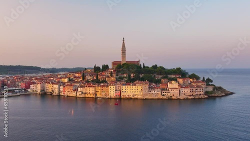 Aerial view of Croatian landmark, Old Town Rovinj and the Church of Saint Euphemia, Istria, Croatia at sunrise, beautiful historic town on the Adriatic coast