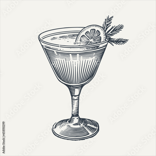 Cocktail glass with citrus. Vintage woodcut engraving style vector illustration.