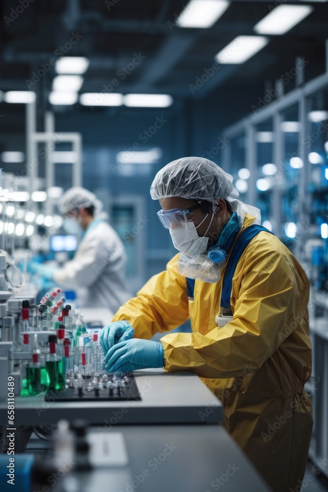 A male scientist wearing a yellow protective suit works in a laboratory. Evolution, science, pharmaceutical, Modern Medical Laboratory Technology. A male scientist wearing a yellow protective suit works in a laboratory. Evolution, science, pharmaceutical, Modern Medical Laboratory Technology.