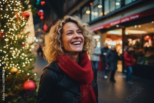 Portrait of happy young woman with christmas tree in the background