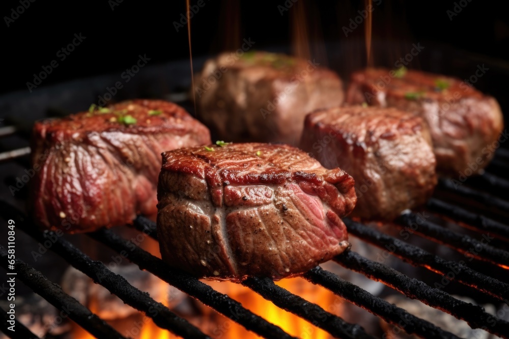 seasoned skewered beef steaks slowly rotating over a hot charcoal grill - obrazy, fototapety, plakaty 