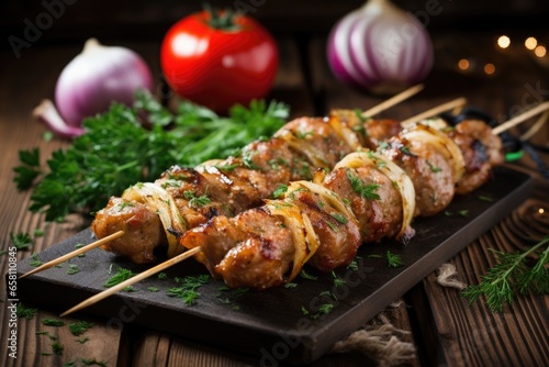 sausage and onion kebabs cooked golden brown on rustic wood table