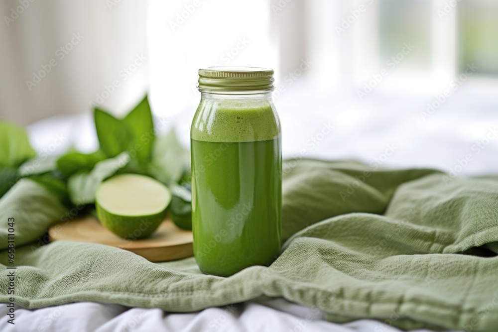green juice in a bottle next to a neatly made bed