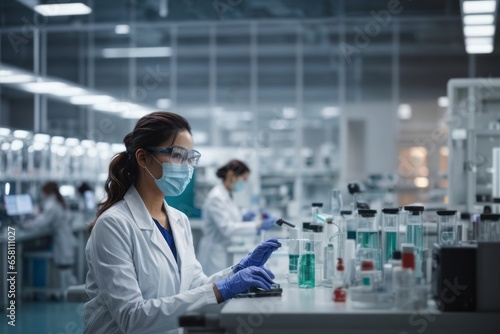 Female microbiologists or scientists conduct research, experiments, and analyses in a modern medical laboratory. Evolution, science, pandemic, health, technology concepts photo