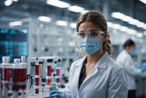 Closeup portrait of a beautiful microbiologist woman wearing sterile clothes, mask and glasses in a medical laboratory. Science, pharmacy, pandemic concepts