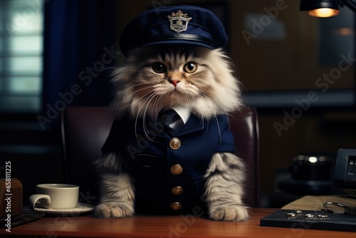 A cat dressed as a police officer. Concept: Costumes for your pet