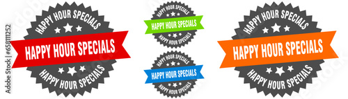 happy hour specials sign. round ribbon label set. Seal