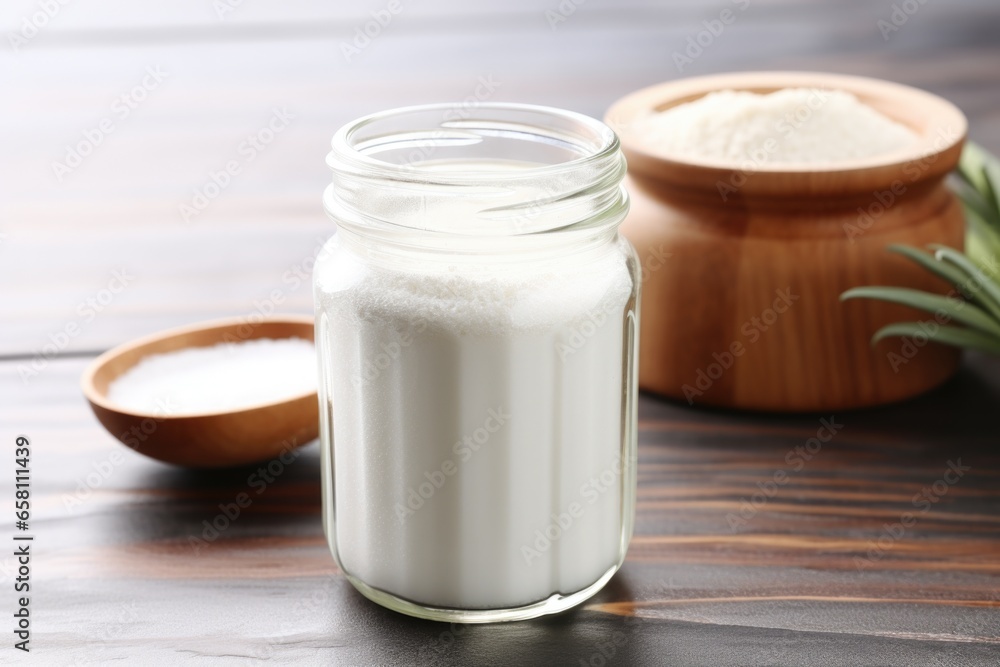 glass jar of calming magnesium supplement powder glass jar of calming magnesium supplement powder