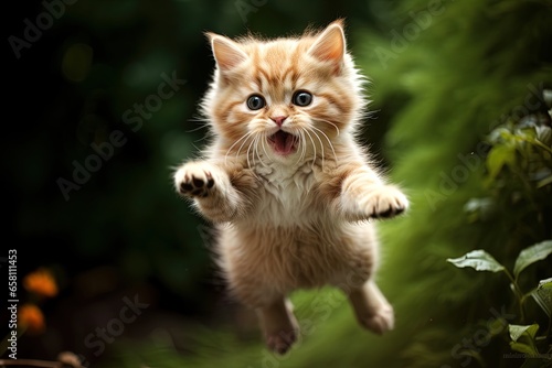 A playful kitten mid-leap with a funny expression. A positive day.