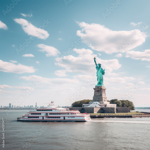 ferry passing by the statue of liberty. © mindstorm