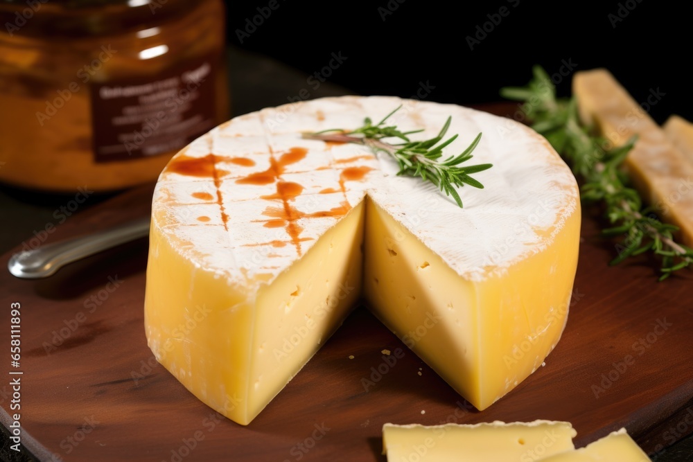 smoked cheese round with a label indicating type