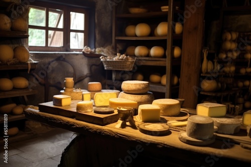 smoked cheese arranged in cheese cellar