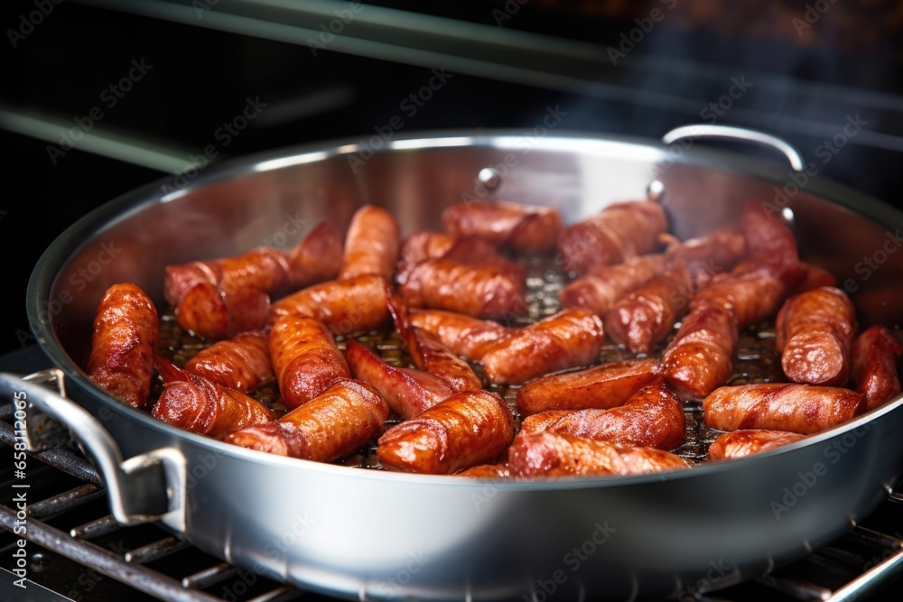 smoked sausage links in a stainless steel pan on a stove smoked sausage links in a stainless steel pan on a stove