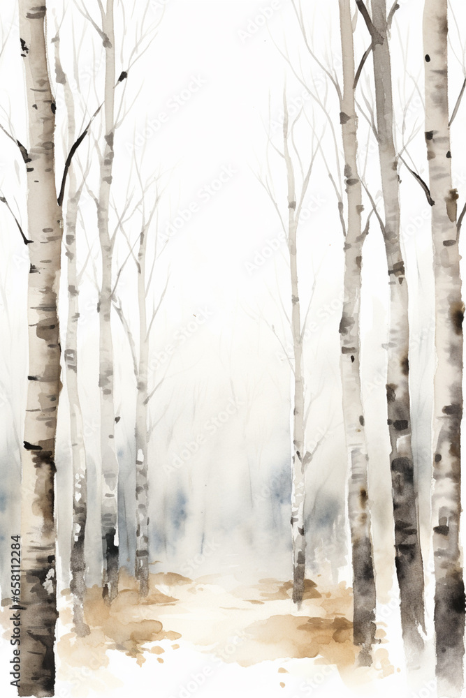 Fototapeta premium Watercolor American Aspen Trees in Colorado Rocky Mountains, Featuring Black and White and Orange Tree Trunk on White Background. Snowy Winter Christmas Banner with Birch Grove in the Winter Season.