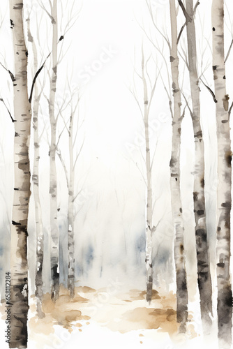 Watercolor American Aspen Trees in Colorado Rocky Mountains  Featuring Black and White and Orange Tree Trunk on White Background. Snowy Winter Christmas Banner with Birch Grove in the Winter Season.