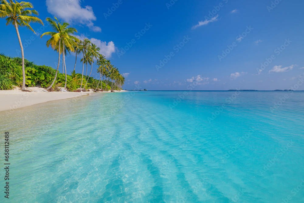 Amazing sunny panorama at Maldives. Luxury resort seascape. Majestic sea waves coconut palm trees sand sunshine sky. Beauty paradise beach popular destination. Best summer vacation travel background - obrazy, fototapety, plakaty 