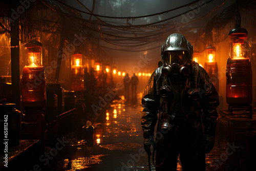 Hyper Realistic Hazard Toxic Gas Leak in an Industrial , a Scene Brimming with Caution and Gas Protection Suit, Generative Ai illustration 