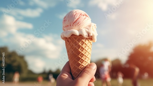 a woman's hand holds a waffle cone with a beautiful stunning multicolored ice cream on a street background. Ai.