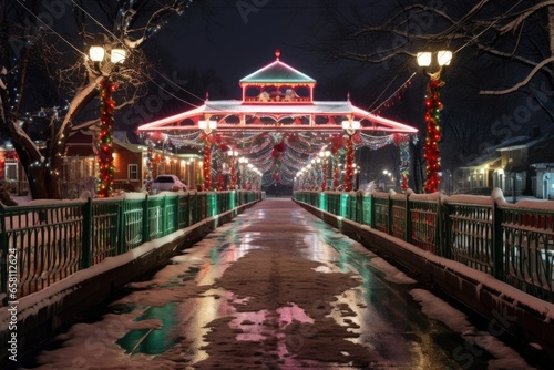 picturesque white footbridge ornate with red and green christmas lights amidst the snow