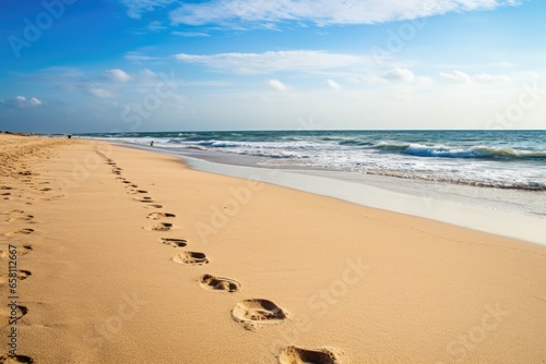 a line of footprints in the sand leading to the ocean