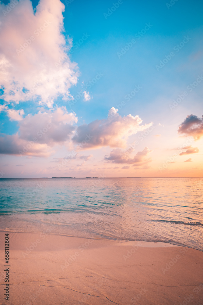 Closeup sea waves sand beach. Panoramic beach landscape. Inspire tropical coast seascape horizon. Stunning sunset sunlight colors, tranquil peaceful sky calm water. Happy positive vacation travel mood - obrazy, fototapety, plakaty 